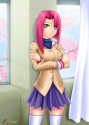 Size: 800x1126 | Tagged: safe, artist:skorpionletun, character:pinkamena diane pie, character:pinkie pie, species:human, anime, cherry blossoms, clannad, clothing, crossover, flower, flower blossom, happy, humanized, school uniform