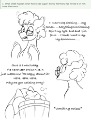 Size: 768x1024 | Tagged: safe, artist:pastel-charms, oc, oc:rock candy, parent:cheese sandwich, parent:pinkie pie, parents:cheesepie, species:earth pony, species:pony, bucket, glasses, lineart, male, monochrome, offspring, solo, stallion, sugar rush, vomit, vomiting
