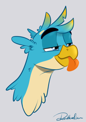 Size: 772x1091 | Tagged: safe, artist:rutkotka, character:gallus, species:griffon, blue, bust, funny, gray background, male, simple background, smug, solo, tongue out