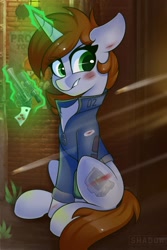 Size: 1181x1772 | Tagged: safe, artist:php97, oc, oc:littlepip, species:pony, species:unicorn, fallout equestria, blood, bullet, clothing, fallout, fanfic, fanfic art, female, glowing horn, gun, handgun, hooves, horn, levitation, little macintosh, magic, mare, optical sight, pipbuck, poster, revolver, sitting, solo, telekinesis, vault suit, weapon