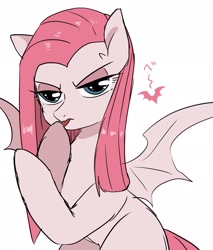 Size: 1746x2048 | Tagged: safe, artist:hosikawa, character:pinkamena diane pie, character:pinkie pie, species:bat pony, species:pony, angry, bat wings, female, glare, intimidating, licking, mare, solo, species swap, tongue out, wings
