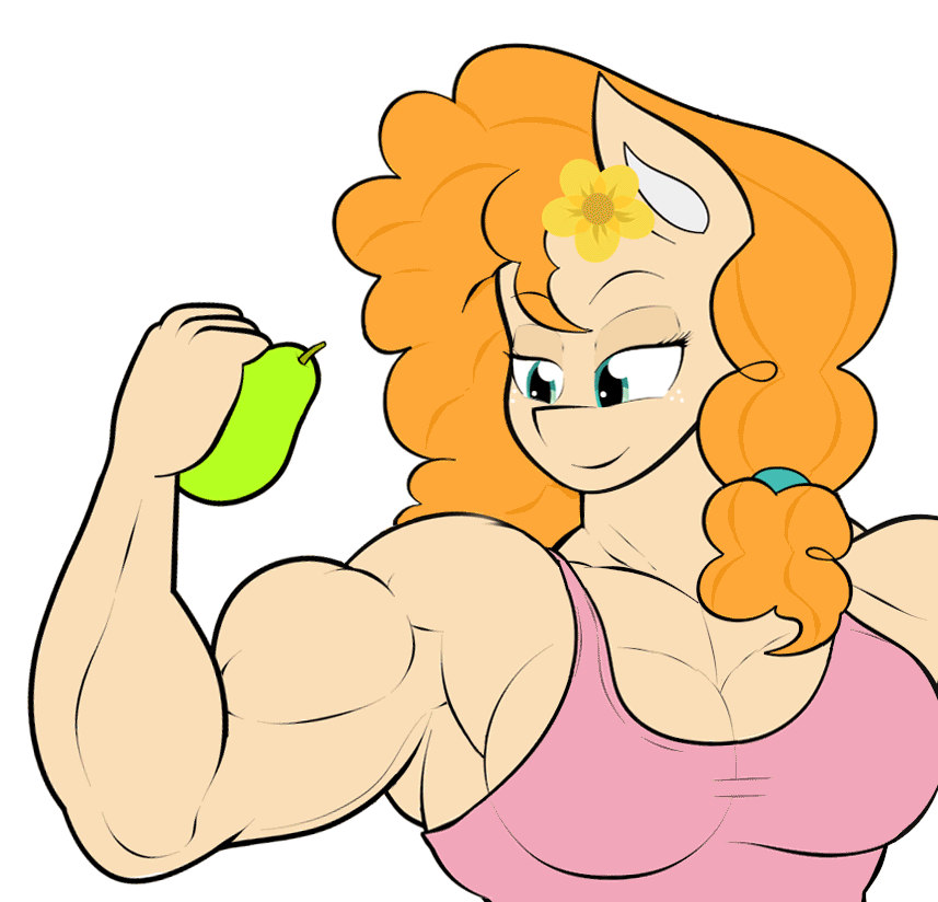 Size: 857x824 | Tagged: safe, artist:calm wind, artist:matchstickman, character:pear butter, species:anthro, species:earth pony, species:pony, abs, animated, armpits, biceps, breasts, busty pear butter, clothing, deltoids, dialogue, female, flexing, food, frame by frame, fruit, gif, grin, looking at you, mare, muscles, muscular female, one eye closed, pear, pear buffer, pecs, simple background, sleeveless shirt, smiling, solo, talking to viewer, triceps, vein bulge, white background, wink