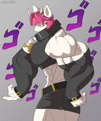 Size: 2500x3000 | Tagged: safe, artist:mopyr, oc, oc only, oc:fort, species:anthro, abs, anthro oc, anthro only, belt, clothing, collar, female, gloves, horn, jojo's bizarre adventure, lock, long gloves, menacing, muscles, original species, pecs, pose, solo