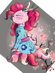 Size: 1920x2560 | Tagged: source needed, safe, artist:yuris, character:pinkie pie, species:pony, cherry blossoms, clothing, cute, eyes closed, female, flower, flower blossom, japan, kimono (clothing), sakura pie, smiling, solo