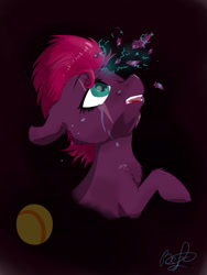 Size: 1520x2026 | Tagged: source needed, safe, artist:yuris, character:fizzlepop berrytwist, character:tempest shadow, species:pony, species:unicorn, my little pony: the movie (2017), ball, broken horn, cheek fluff, chest fluff, crying, ear fluff, female, filly, filly tempest shadow, floppy ears, horn, leg fluff, open mouth, shattered, shoulder fluff, solo
