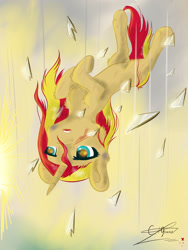 Size: 1520x2026 | Tagged: safe, artist:yuris, character:sunset shimmer, species:pony, species:unicorn, bruised, cheek fluff, chest fluff, ear fluff, falling, female, glass shard, leg fluff, solo
