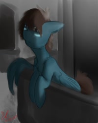 Size: 1200x1500 | Tagged: safe, artist:yuris, species:pegasus, species:pony, balcony, lance, leaning, looking up, male, ponified, solo, voltron legendary defender, weapon