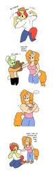 Size: 706x2240 | Tagged: safe, artist:matchstickman, character:bright mac, character:granny smith, character:pear butter, species:anthro, species:earth pony, species:plantigrade anthro, species:pony, ship:brightbutter, biceps, breasts, busty pear butter, clothing, comic, deltoids, dialogue, female, flexing, jacket, jeans, male, might mac, muscles, pants, pear buffer, shipping, shirt, simple background, straight, white background