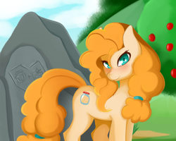 Size: 5000x4000 | Tagged: safe, artist:caoscore, character:pear butter, species:earth pony, species:pony, episode:the perfect pear, g4, my little pony: friendship is magic, apple tree, blushing, cute, female, grass, looking at you, mare, solo, tree