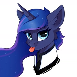 Size: 1535x1535 | Tagged: safe, artist:php97, character:princess luna, species:alicorn, species:pony, blep, bust, cheek fluff, clothing, connor, cosplay, costume, crossover, detroit: become human, ear fluff, ethereal mane, female, fluffy, horn, looking at you, mare, rk900, simple background, smiling, solo, tongue out, white background