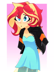 Size: 2448x3264 | Tagged: safe, artist:xan-gelx, character:sunset shimmer, species:human, my little pony:equestria girls, alternate hairstyle, clothing, female, hands behind back, jacket, leather jacket, open mouth, pants, solo