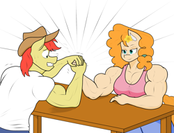 Size: 2145x1648 | Tagged: safe, artist:matchstickman, character:bright mac, character:pear butter, species:anthro, species:earth pony, species:pony, ship:brightbutter, arm wrestling, biceps, breasts, bright mac's hat, busty pear butter, clothing, deltoids, duo, female, grin, jeans, male, mare, might mac, muscles, muscular female, nervous, nervous grin, pants, pear buffer, pecs, shipping, shirt, simple background, sleeveless shirt, smiling, stallion, straight, sweat, sweatdrop, table, triceps, white background