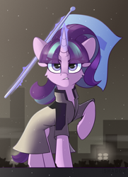 Size: 1535x2126 | Tagged: safe, artist:php97, character:starlight glimmer, species:pony, android, cheek fluff, city, cityscape, clothing, cosplay, costume, crossover, detroit, detroit: become human, female, flag, flagpole, glowing horn, horn, levitation, magic, markus, ponified, raised hoof, s5 starlight, snow, snowfall, solo, telekinesis, trenchcoat