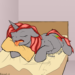 Size: 1500x1500 | Tagged: safe, artist:rubiont, derpibooru original, oc, oc only, oc:fade, species:pony, species:unicorn, bed, bedroom, belly, big belly, fat, female, gurgling, mare, pillow, post-vore, sketch, sleeping, stomach noise, tongue out