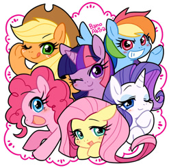 Size: 552x542 | Tagged: safe, artist:akira bano, character:applejack, character:fluttershy, character:pinkie pie, character:rainbow dash, character:rarity, character:twilight sparkle, species:earth pony, species:pegasus, species:pony, species:unicorn, applejack's hat, blushing, bust, clothing, cowboy hat, cute, dashabetes, diapinkes, female, freckles, hat, jackabetes, mane six, mare, one eye closed, open mouth, portrait, profile, raribetes, shyabetes, smiling, stetson, tongue out, twiabetes, wink