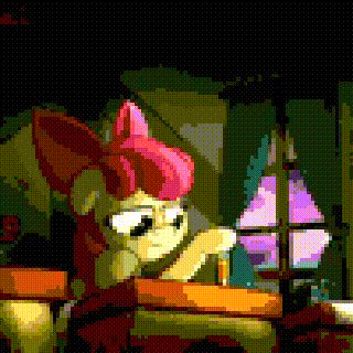 Size: 320x320 | Tagged: safe, artist:slitherpon, edit, editor:undeadponysoldier, character:apple bloom, species:earth pony, species:pony, animated, bow, desk, female, filly, ominous, pencil, pixel art, ponyville schoolhouse, quick draw, satisfying, solo, window