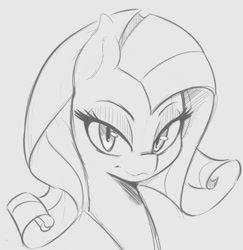 Size: 686x707 | Tagged: safe, artist:tre, character:rarity, species:pony, species:unicorn, female, grayscale, mare, missing horn, monochrome, simple background, sketch, solo, white background