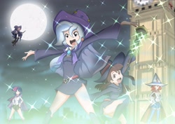 Size: 2923x2067 | Tagged: safe, artist:ryured, character:starlight glimmer, character:trixie, character:twilight sparkle, species:human, anime, broom, clothing, crossover, full moon, hat, humanized, little witch academia, moon, netflix, night, open mouth, stars, witch hat