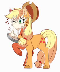 Size: 997x1200 | Tagged: safe, artist:hikariviny, character:applejack, species:earth pony, species:pony, clothing, cowboy hat, female, food, hat, mare, pie, pied, silly, silly pony, solo, stetson, who's a silly pony