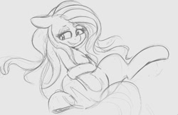 Size: 1095x706 | Tagged: safe, artist:tre, character:fluttershy, species:pegasus, species:pony, cute, female, floppy ears, grayscale, human shoulders, looking away, mare, monochrome, nervous grin, on back, shyabetes, simple background, sketch, smiling, solo, spread legs, spreading, three quarter view