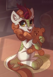 Size: 1063x1535 | Tagged: safe, artist:php97, character:autumn blaze, species:kirin, awwtumn blaze, blushing, cheek fluff, cloven hooves, cute, dawwww, ear fluff, featured on derpibooru, female, happy, leonine tail, looking at you, open mouth, plushie, smiling, solo, sweet dreams fuel, teddy bear, weapons-grade cute, wholesome