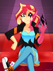 Size: 2448x3264 | Tagged: safe, artist:xan-gelx, character:sunset satan, character:sunset shimmer, species:human, g4, my little pony:equestria girls, badass, clothing, converse, couch, crossed legs, dark magic, demon, eye scar, female, glowing hands, hell-fire generation, jacket, looking at you, magic, pants, partial transformation, scar, sexy, shoes, sitting, sneakers, solo, sunset satan, teenager