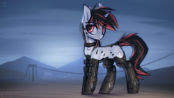 Size: 1920x1080 | Tagged: safe, artist:justafallingstar, oc, oc only, oc:blackjack, species:pony, species:unicorn, fallout equestria, fallout equestria: project horizons, augmented, biohacking, collar, colored sketch, cyber legs, cyborg, fanfic art, female, level 2 (project horizons), mare, solo