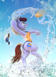 Size: 768x1044 | Tagged: safe, artist:v747, oc, oc only, oc:corduroy road, species:earth pony, species:pony, 3d, action pose, baseball cap, butt, cap, clothing, commission, crossdressing, dock, hat, male, one-piece swimsuit, plot, solo, stallion, swimsuit, underhoof, water