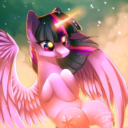 Size: 1080x1080 | Tagged: safe, artist:jacky-bunny, character:twilight sparkle, character:twilight sparkle (alicorn), species:alicorn, species:pony, beautiful, cloud, cute, ear fluff, eye clipping through hair, eye reflection, female, flying, glowing horn, horn, mare, reflection, smiling, solo, sparkles, speedpaint available, spread wings, twiabetes, windswept mane, wings