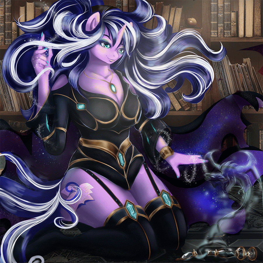 Size: 900x900 | Tagged: safe, artist:mdwines, oc, oc only, species:anthro, species:dragon, species:pony, species:unicorn, animated, anthro oc, book, breasts, cleavage, clothing, commission, crystal, fantasy class, female, gold, green eyes, jacket, jewelry, leather boots, leather jacket, mage, magic, magician outfit, multicolored hair, pendant, pink skin, purple skin, solo, ych example, ych result, your character here