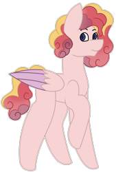 Size: 1954x2884 | Tagged: safe, artist:midnightamber, parent:pear butter, parent:princess cadance, species:pegasus, species:pony, breeding result, curly mane, curly tail, magical lesbian spawn, male, multicolored hair, offspring, raised hoof, smiling, solo, stallion