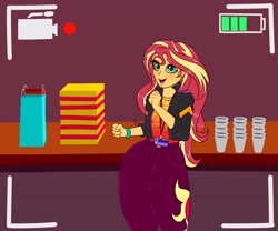 Size: 3000x2500 | Tagged: safe, artist:albertbm, character:sunset shimmer, episode:how to backstage, g4, my little pony: equestria girls, my little pony:equestria girls, spoiler:eqg series (season 2), adorasexy, backstage pass, bag, camcorder, camera shot, clothing, cup, cute, cutie mark on clothes, female, high res, hips, open mouth, pants, recording, selfie drone, sexy, shimmerbetes, solo, swag swag swag swag swag, thick, thighs, vip, wide hips