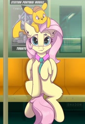 Size: 1063x1535 | Tagged: safe, artist:php97, character:fluttershy, species:pegasus, species:pony, advertisement, advertising, clothing, collar, crossover, cute, detective pikachu, duo, ear fluff, ear piercing, eyebrow piercing, female, food, hat, looking at you, mare, necktie, piercing, pikachu, pokémon, shyabetes, subway, subway trains, tail, train