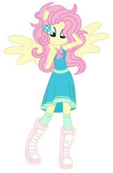 Size: 721x1108 | Tagged: safe, artist:bezziie, character:fluttershy, my little pony:equestria girls, boots, female, knee high socks, messy hair, ponied up, ribbon, shoes, simple background, solo, transparent background, wings