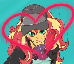 Size: 1500x1300 | Tagged: safe, artist:albertbm, character:sunset shimmer, episode:display of affection, g4, my little pony: equestria girls, my little pony:equestria girls, bust, clothing, cute, female, flanksy, heart, jacket, leather jacket, looking at you, shimmerbetes, simple background, solo