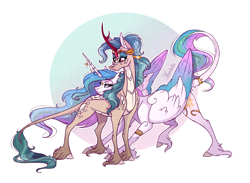 Size: 2589x1898 | Tagged: safe, artist:marbola, character:princess celestia, character:rain shine, species:alicorn, species:kirin, species:pony, ship:rainlestia, cloven hooves, female, horn, horn jewelry, jewelry, leonine tail, lesbian, mare, shipping, unshorn fetlocks