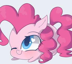 Size: 1024x905 | Tagged: safe, artist:emily-826, character:pinkie pie, species:pony, chubbie, cheek fluff, chibi, cute, diapinkes, ear fluff, female, gray background, heart eyes, one eye closed, prone, simple background, solo, wingding eyes