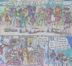 Size: 2482x2288 | Tagged: safe, artist:nephilim rider, character:applejack, character:bulk biceps, character:derpy hooves, character:flash sentry, character:fluttershy, character:lyra heartstrings, character:pinkie pie, character:rainbow dash, character:rarity, character:sandalwood, character:sunset shimmer, character:twilight sparkle, character:twilight sparkle (alicorn), character:twilight sparkle (scitwi), oc, oc:heaven lost, species:alicorn, species:eqg human, species:pony, species:unicorn, equestria girls:spring breakdown, g4, my little pony: equestria girls, my little pony:equestria girls, spoiler:eqg series (season 2), background human, clothing, equestria girls ponified, feet, female, geode of fauna, lily pad (equestria girls), magical geodes, male, nephilim, partial nudity, sandals, topless, traditional art, unicorn sci-twi
