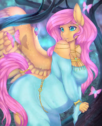Size: 1200x1480 | Tagged: safe, artist:cheezayballz, character:fluttershy, species:anthro, species:pegasus, species:pony, backless dress, bare shoulders, beautiful, belly, big breasts, breasts, busty fluttershy, butterfly, clothing, female, mare, open-back dress, preggoshy, pregnant, smiling, solo, spread wings, wings
