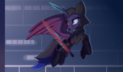 Size: 2008x1181 | Tagged: safe, artist:php97, character:princess luna, species:pony, cape, clothing, crossover, darth vader, female, helmet, lightsaber, solo, spread wings, star wars, weapon, wings