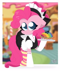 Size: 3329x3959 | Tagged: safe, artist:kittyrosie, character:pinkie pie, blueberry, blurred background, blushing, clothing, cute, diapinkes, female, floppy ears, food, high res, maid, maid headdress, pie, socks, solo, striped socks, sugarcube corner, tray