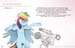 Size: 3036x1954 | Tagged: safe, artist:icychamber, character:rainbow dash, species:pegasus, species:pony, camera, female, simple background, solo, text, video camera, white background
