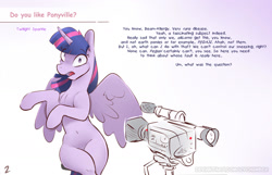 Size: 1280x824 | Tagged: safe, artist:icychamber, character:twilight sparkle, character:twilight sparkle (alicorn), species:alicorn, species:pony, belly button, camera, female, simple background, sitting, solo, text, video camera, white background