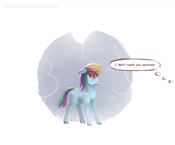 Size: 1600x1326 | Tagged: safe, artist:icychamber, character:rainbow dash, species:pony, female, sad, simple background, solo, thought bubble, white background, wingless