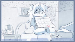 Size: 1280x721 | Tagged: safe, artist:icychamber, species:pony, species:unicorn, comic:the secret life of rarity, bed, calendar, comic, onomatopoeia, solo, text