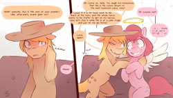 Size: 3840x2162 | Tagged: safe, artist:icychamber, character:applejack, character:pinkie pie, species:earth pony, species:pony, comic:the end, comic, couch, dialogue, fake wings, halo, simple background, speech bubble, text, white background