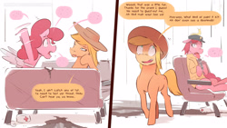 Size: 3840x2162 | Tagged: safe, artist:icychamber, character:applejack, character:pinkie pie, species:earth pony, species:pony, comic:the end, comic, couch, dialogue, duo, fake wings, mute, simple background, speech bubble, text, white background