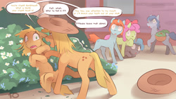 Size: 3840x2162 | Tagged: safe, artist:icychamber, character:applejack, species:earth pony, species:pony, comic:the end, comic, dialogue, shocked, shocked expression, speech bubble, text