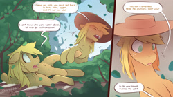 Size: 3840x2162 | Tagged: safe, artist:icychamber, character:applejack, species:earth pony, species:pony, comic:the end, belly button, bush, comic, dialogue, duo, speech bubble, text