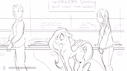 Size: 3840x2160 | Tagged: safe, artist:icychamber, character:fluttershy, species:human, species:pegasus, species:pony, comic:free fall, cafeteria, comic, monochrome